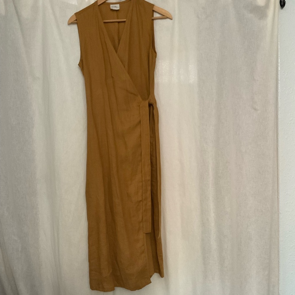 NEW Linen Handmade Studio Linen dress LYDIA, sleeveless wrap, midi, sz 6 mustard